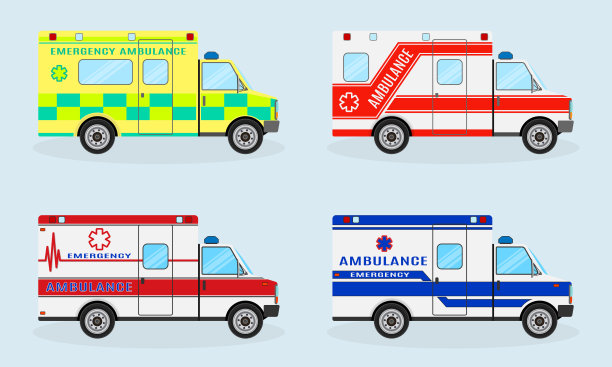 一套四辆紧急救护车。救护车侧视图。紧急医疗服务车。图片下载