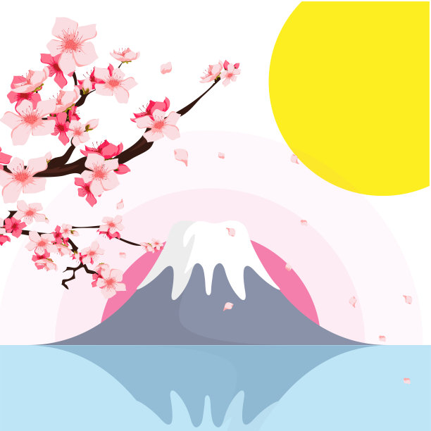 富士山樱花日落背景矢量图像图片下载
