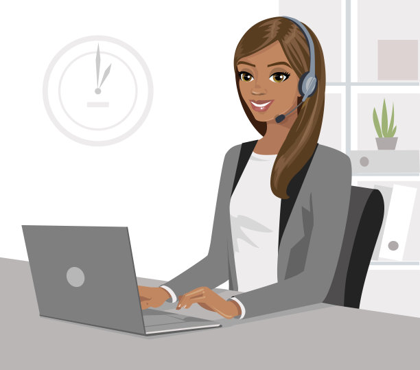 漂亮的黑人女孩戴着耳机和笔记本电脑在办公室工作。矢量插图孤立。图片下载