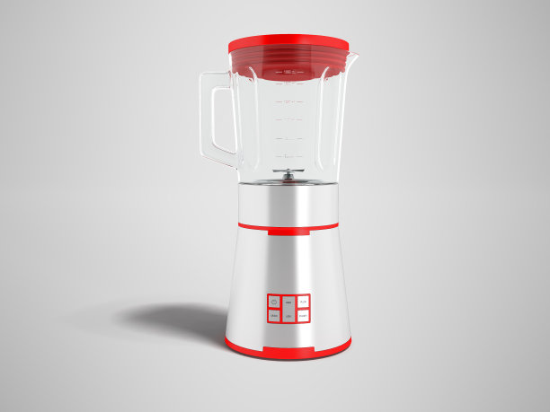 现代金属搅拌机碗玻璃与红色插入在前3d渲染灰色背景与阴影图片下载