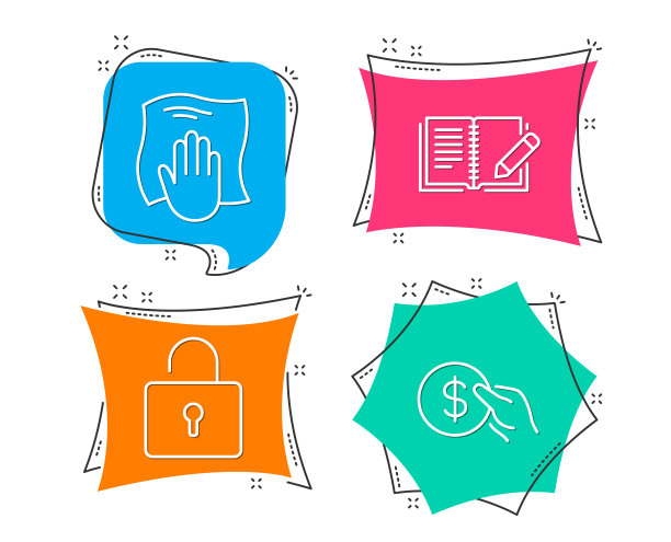 洗涤布，锁和反馈图标。付款的迹象。用抹布擦，私人储物柜，用铅笔擦书。图片下载