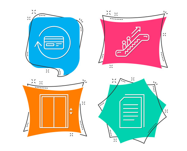 电梯，自动扶梯和退款佣金图标。复制文件的迹象。电梯，返现卡，复印文件。图片下载