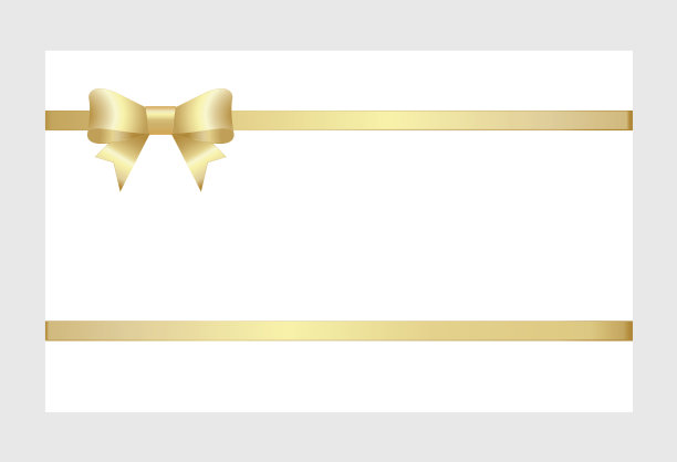 邀请，问候或礼品卡与金色丝带和一个蝴蝶结在白色的背景。礼品券模板与文本的地方。图片下载