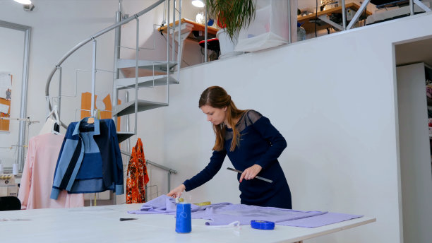 裁缝，设计师在缝纫工作室在布料上画线图片下载