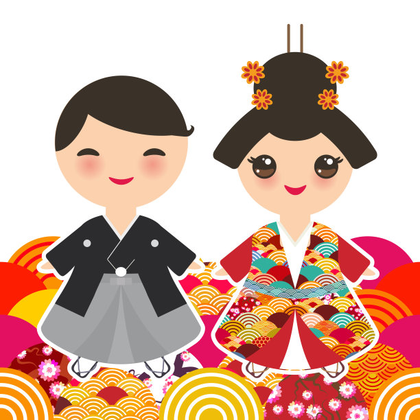 日本男孩和女孩穿着民族服装。和服，穿着传统服装的卡通儿童。日本樱花波圆图案橙色红色酒红色卡片横幅设计在白色的背景。向量素材图片