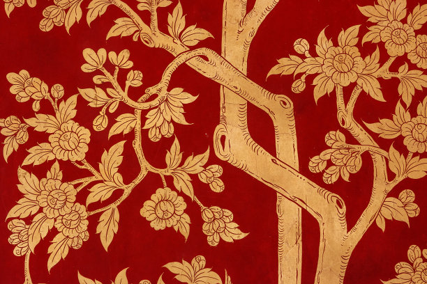 传统的红色绘画描绘树木和树叶在玉佛寺的门上，也被称为玉佛寺。曼谷,泰国。图片下载