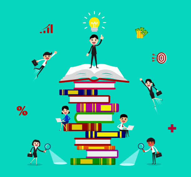 人与书。商业人士通过学习和获取知识走向成功。图片下载