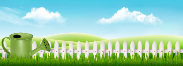 喷壶在春天花园的背景与绿色的草。向量。图片下载