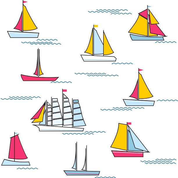 可爱的黄、红、蓝三色船只在海上航行无缝图案、背景、壁纸、纹理、标签、横幅、矢量设计图片下载