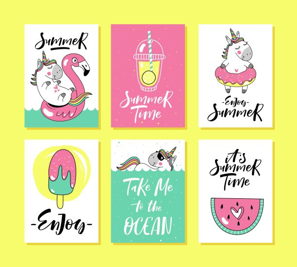 一套有独角兽的暑假卡片图片下载
