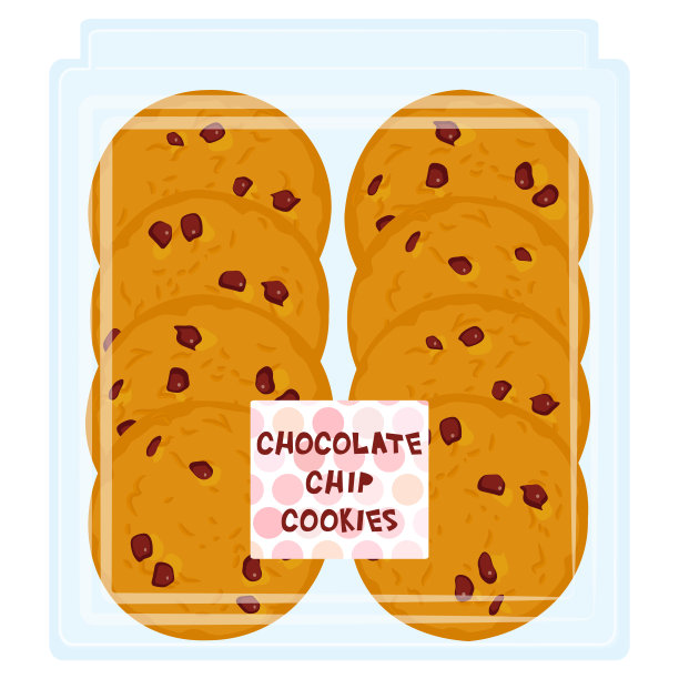 手工制作的巧克力曲奇，新鲜烘烤的透明塑料盒包装隔离在白色背景。明亮的颜色。向量图片下载