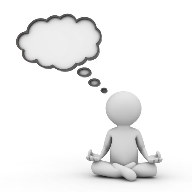 3D人做冥想孤立在白色的背景和空白的思想泡泡图片下载