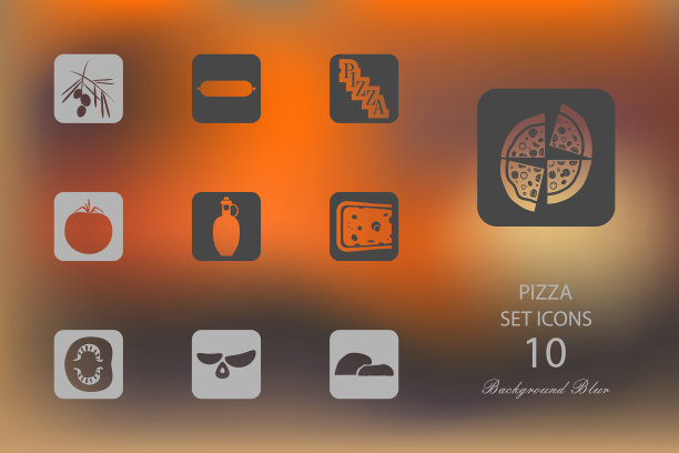 披萨。一组平面图标在模糊的背景图片下载
