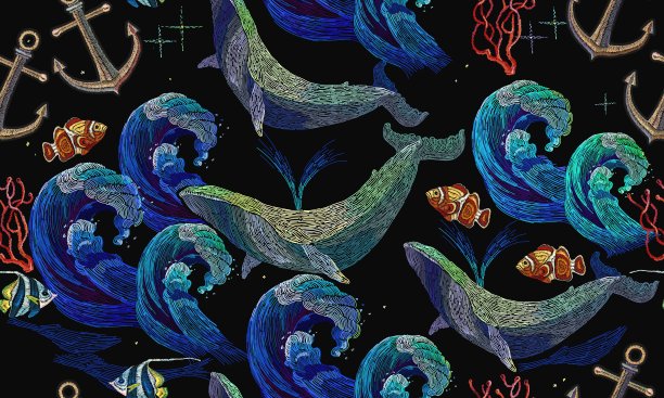 刺绣鲸鱼和锚无缝图案。服装，纺织品，t恤设计的模板。蓝鲸漂浮在夜晚的海面上。经典艺术刺绣，大浪大海和鲸鱼无缝图案素材图片