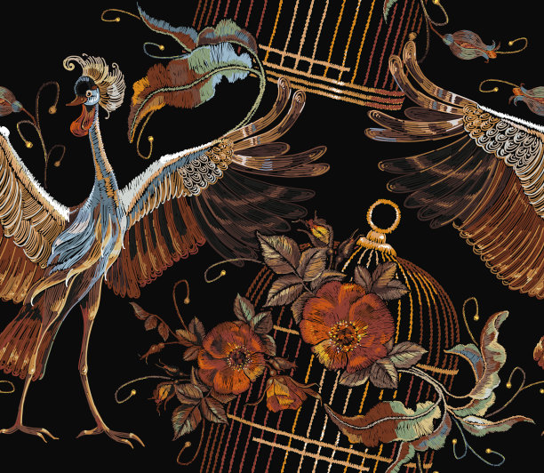 刺绣鹤鸟，金鸟笼和玫瑰无缝图案。经典的日本刺绣两只仙鹤、金笼和红花蕾的玫瑰艺术图案。服装，纺织品，t恤设计的模板图片下载