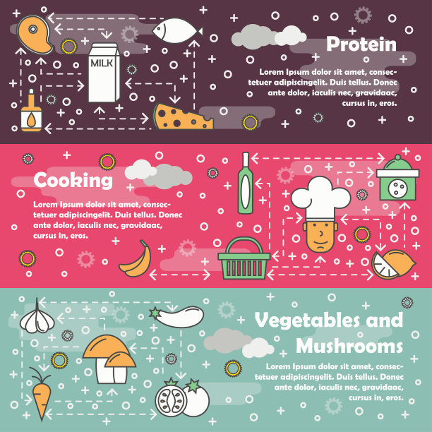 食物概念矢量平面线艺术横幅集图片下载