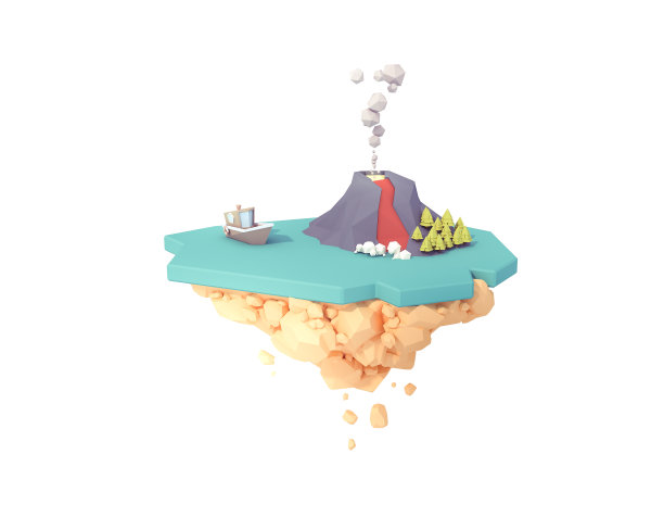 孤立的火山岛在浮动岛3d插图。低多边形最小艺术风格。活跃的不活跃的火山景观在海洋中间。图片下载
