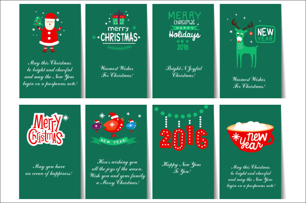 8张圣诞和新年贺卡模板，带有不同的标志和祝贺。寒假的明信片。彩色平面矢量设计图片下载