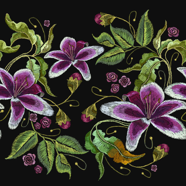 刺绣紫罗兰兰花异国情调的热带花卉。服装模板，t恤设计。美丽的古典刺绣，夏日兰花花图片下载