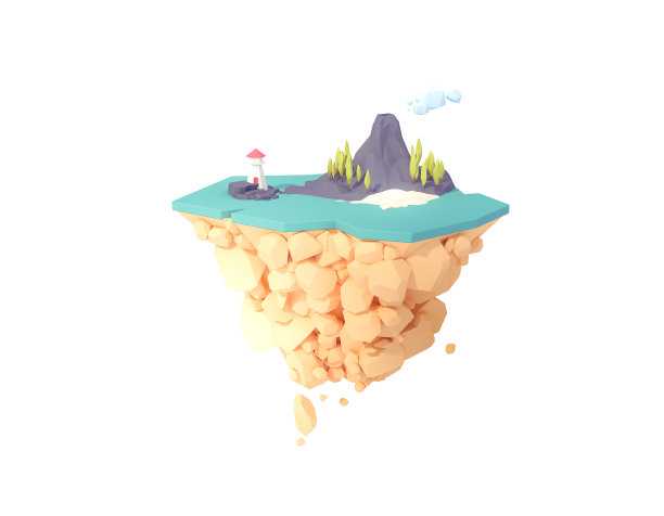 孤立的火山岛在浮动岛3d插图。低多边形最小艺术风格。活跃的不活跃的火山景观在海洋中间。图片下载