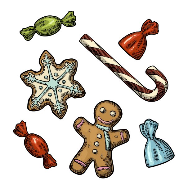 姜饼人，星星，糖果手杖。矢量复古彩色雕刻插图。图片下载