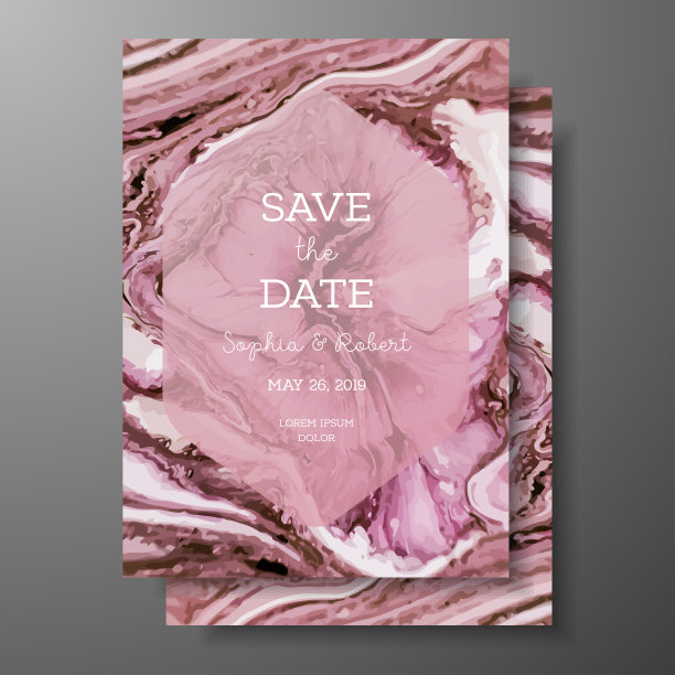 婚礼模板以液态大理石纹理为婚礼请柬，保存日期卡，贺卡，为您放置文字，可打印。大理石的漩涡或玛瑙的波纹。流体艺术素材图片