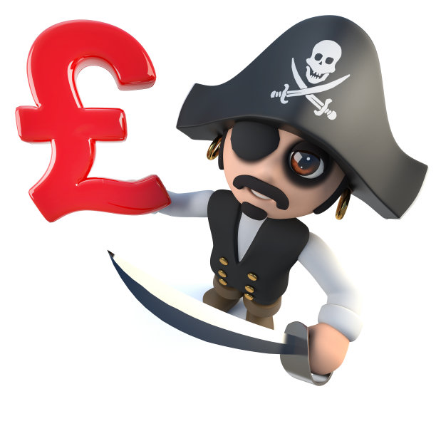 有趣的3d卡通海盗船长拿着英国英镑货币符号图片下载