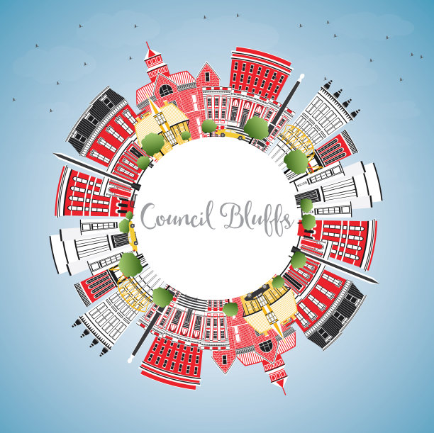Council Bluffs爱荷华州天际线与彩色建筑，蓝天和复制空间。图片下载