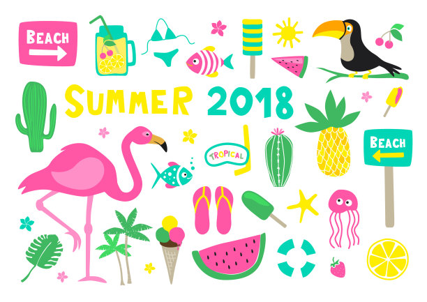 2018年夏季彩色矢量系列设置在白色背景图片下载