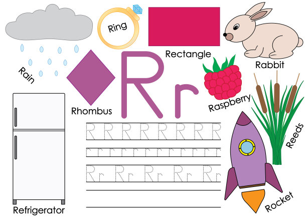 为学龄前儿童准备的带有图片的字母r卡片和书写练习。学习英语语言。图片下载