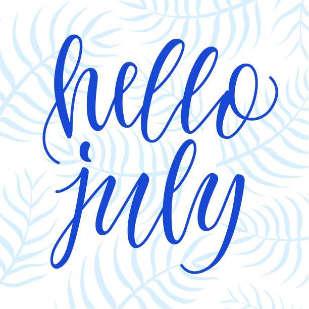 7月你好!现代书法短语上的蓝色棕榈叶背景。图片下载
