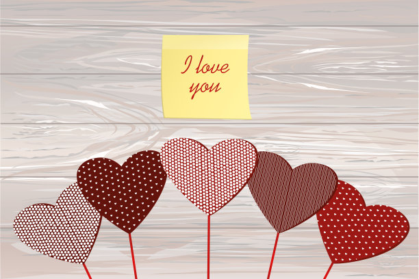 红心贴在木棍上的形象。黄色的便条纸。贴纸。情人节。矢量插图。贺卡与空白的标签或广告。在木制的背景上图片下载
