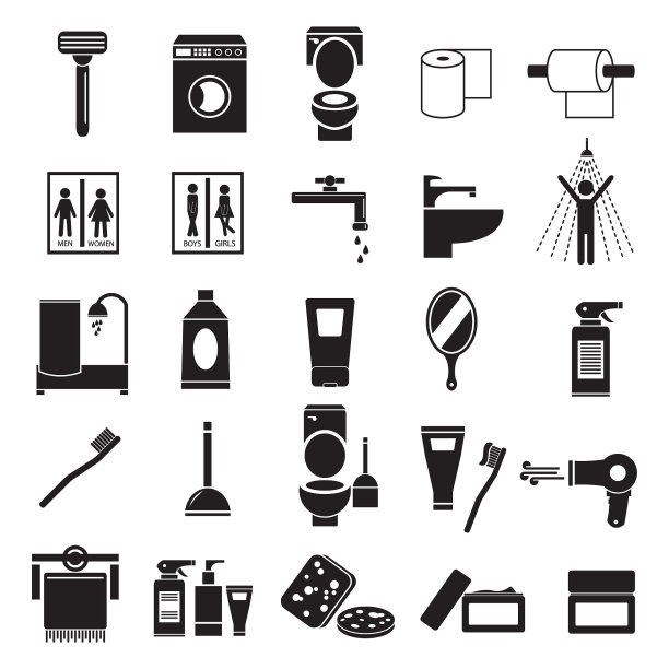浴室wc矢量图标集，图标如剃须刀，膏霜，牙刷，海绵，镜子等图片下载