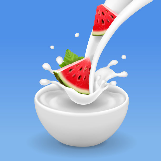 西瓜在酸奶碗或牛奶流矢量插图图标图片下载