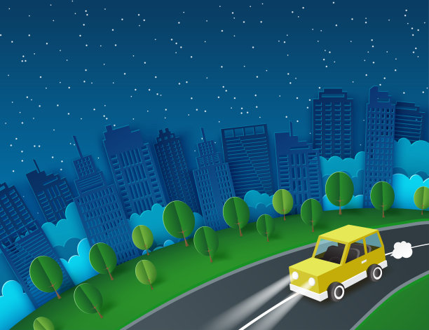 纸上的艺术背景用黄色的车逃离夜城。蓬松的纸云，树，星星和摩天大楼度假和旅行的概念。矢量图图片下载