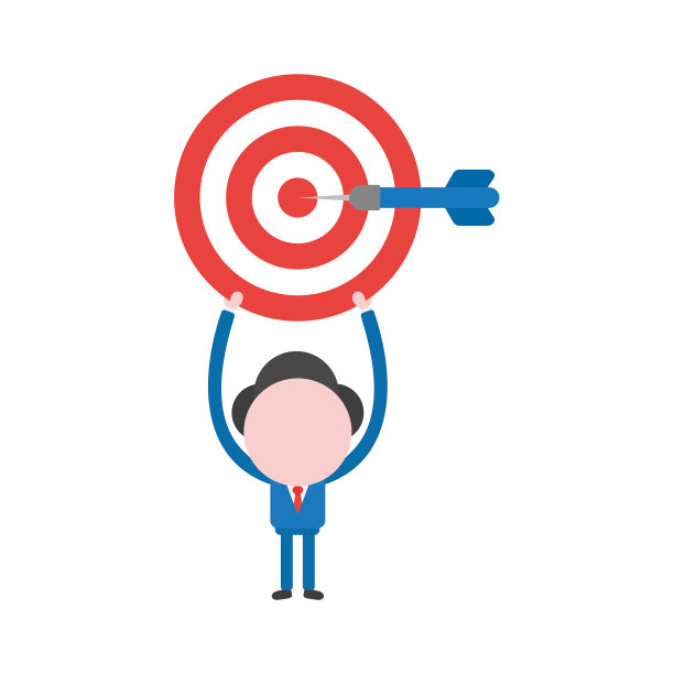 矢量插图商人角色举起公牛眼和镖在中心图片下载