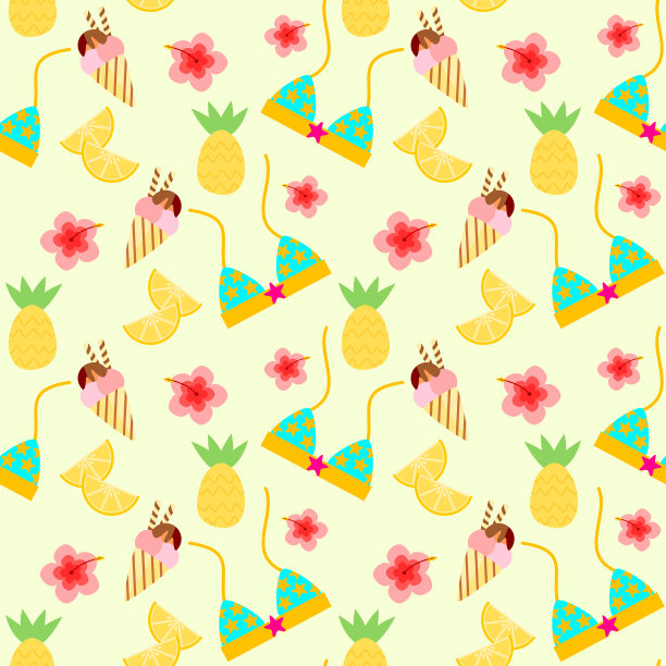 无缝模式矢量彩色比基尼和热带水果的夏季概念。图片下载