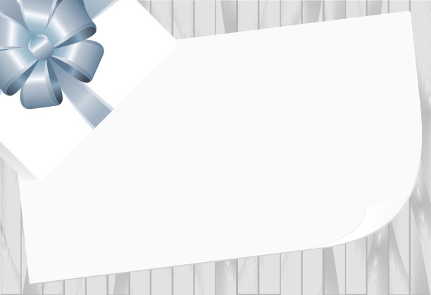 木制板材背景与白色纸和方形礼盒与蓝色弓。有放置你的文本的地方。矢量图像。图片下载