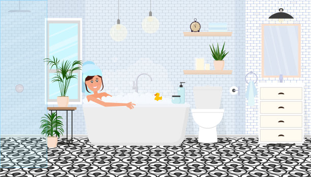 一个年轻的女孩在一间时髦舒适的浴室里洗澡图片下载