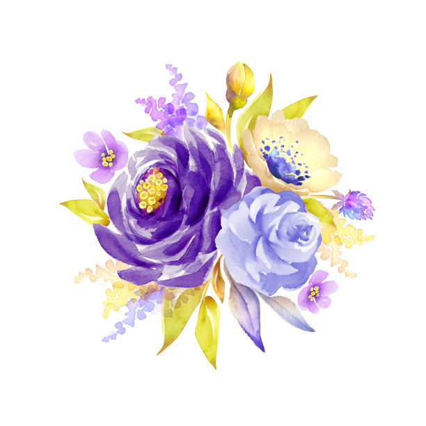 水彩植物插图，紫罗兰牡丹，蓝色玫瑰，黄金叶，花束，异趣的自然，剪贴艺术孤立在白色背景图片下载