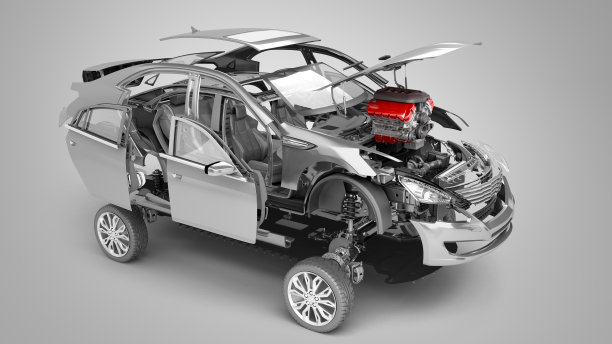 现代概念的汽车修理工作的细节，红色的汽车在一个灰色的背景3D渲染图片下载