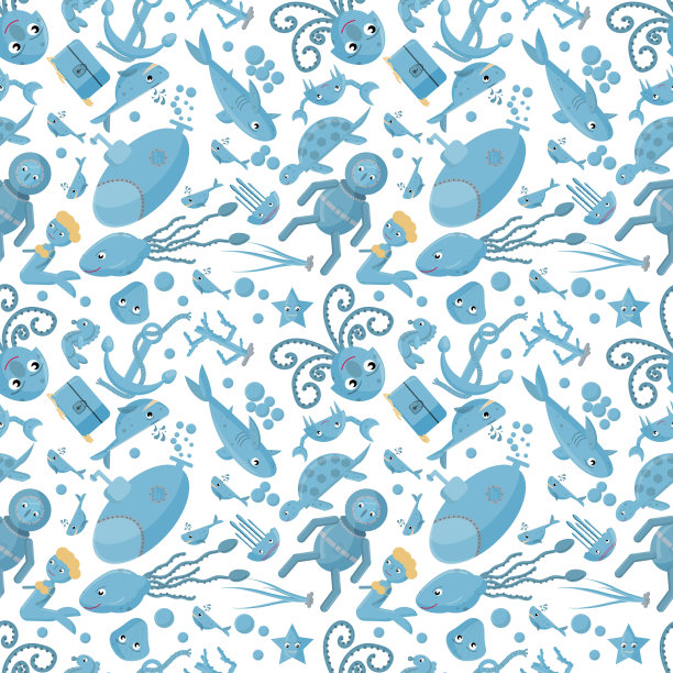 以海洋生物、水下生物为主题的无缝平面插图，白色背景图片下载