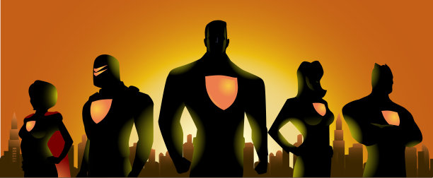 城市中的向量超级英雄团队剪影图片下载