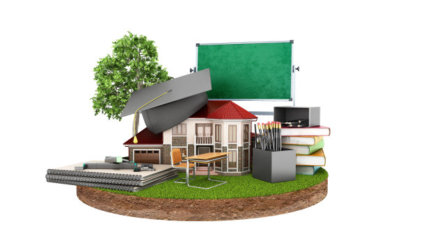 毕业生的帽子是别在家里站在一块土地、书、垫子、铅笔、回形针和一个板上3d渲染在白色没有阴影图片下载