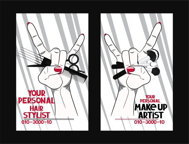发型师和化妆师的名片与女人的手握工具。矢量图图片下载