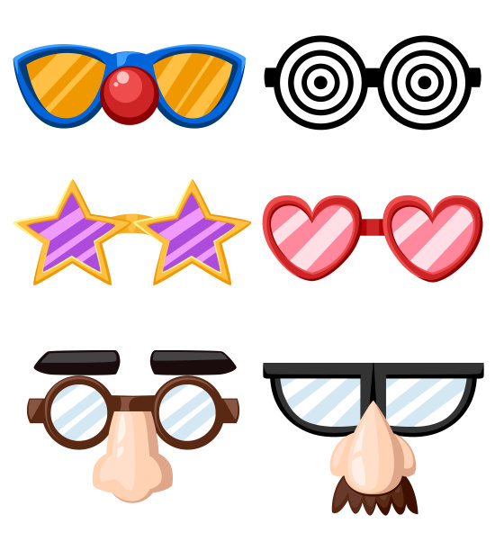 一套有趣的眼镜面具明星心鼻子小丑胡子矢量插图孤立在白色背景的网站页面和移动应用程序设计图片下载