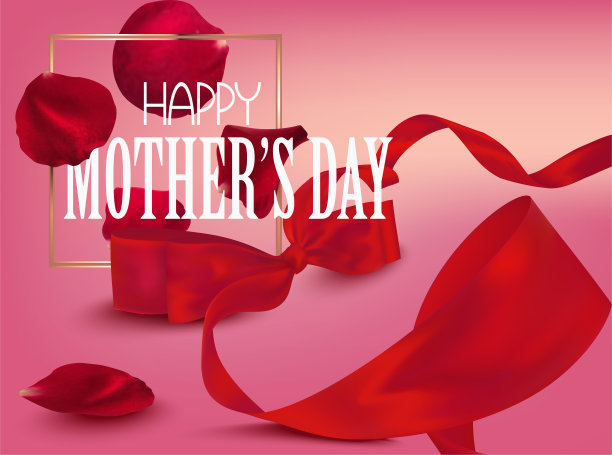 母亲节贺卡与美丽的红丝带和玫瑰花瓣。矢量图图片下载