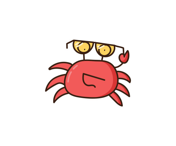 快乐微笑的酷蟹与太阳镜。矢量涂鸦插画概念。沙滩夏季和海上手绘卡通人物图片下载