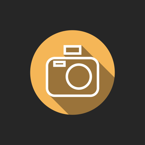 优雅的通用白色极简细线相机图标与阴影的圆形颜色按钮上的黑色背景图片下载