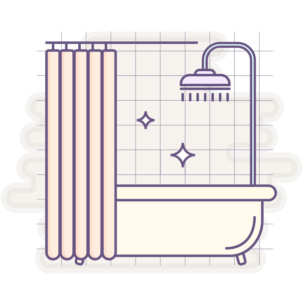 浴室内。矢量线风格彩色卡通插图。线性浴。图片下载